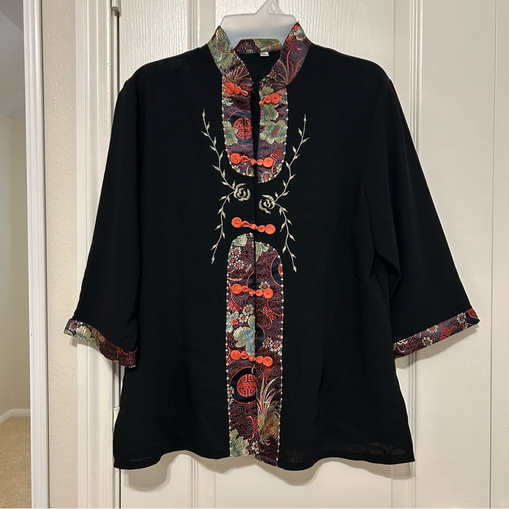 Asian Chinese Embroidered Black Women's Blouse Button Top Large L